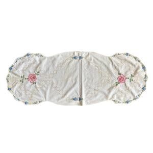 Antique Floral Embroidery Table Runner 16x39 White Cotton Rainbow Boho Scalloped